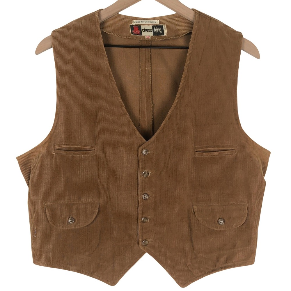 VTG 70s Chess King Corduroy Vest Mens 42 Brown Button Cinch Back Yugoslavia Made